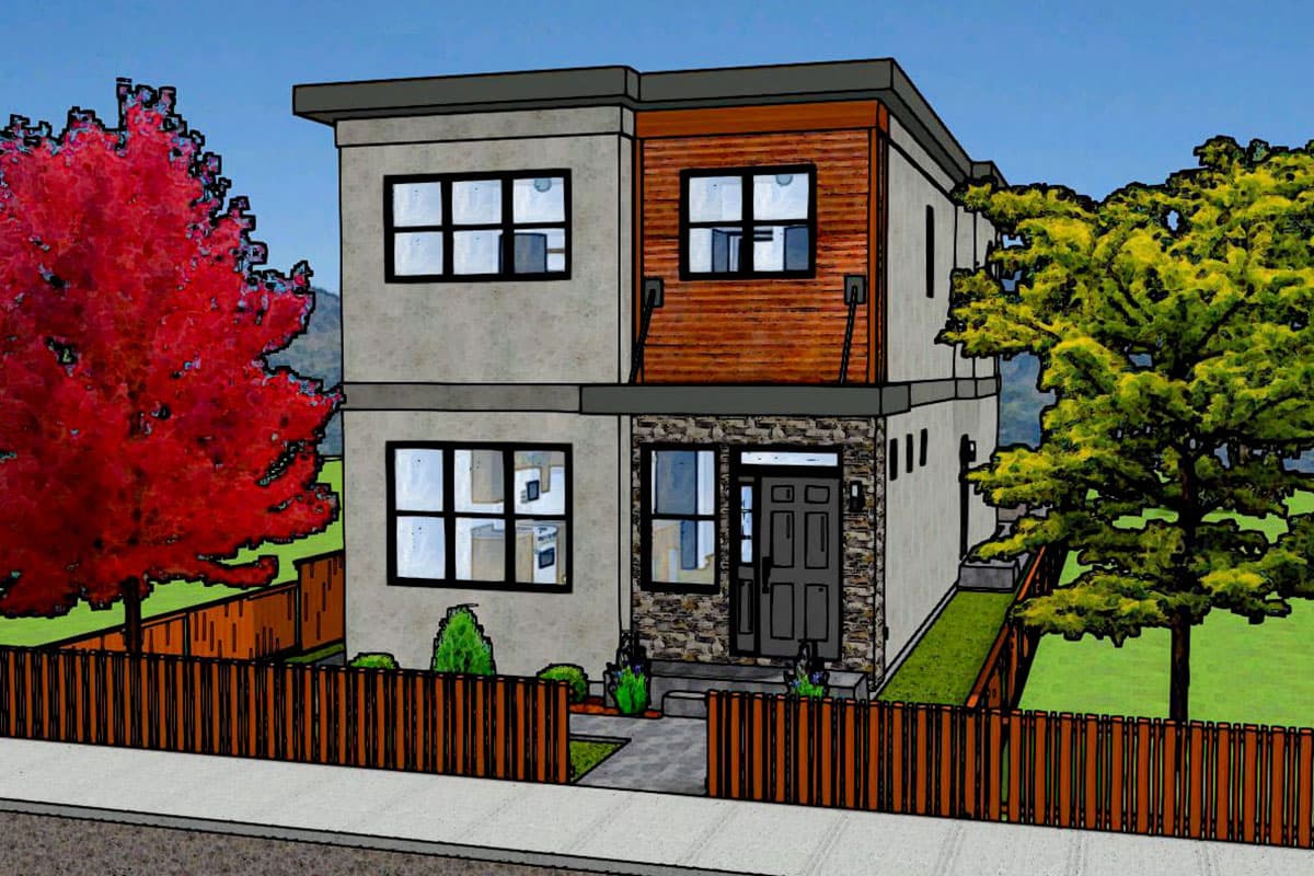 Two-story Modern Farmhouse design with stone entry, wood-paneled section, and large windows.
