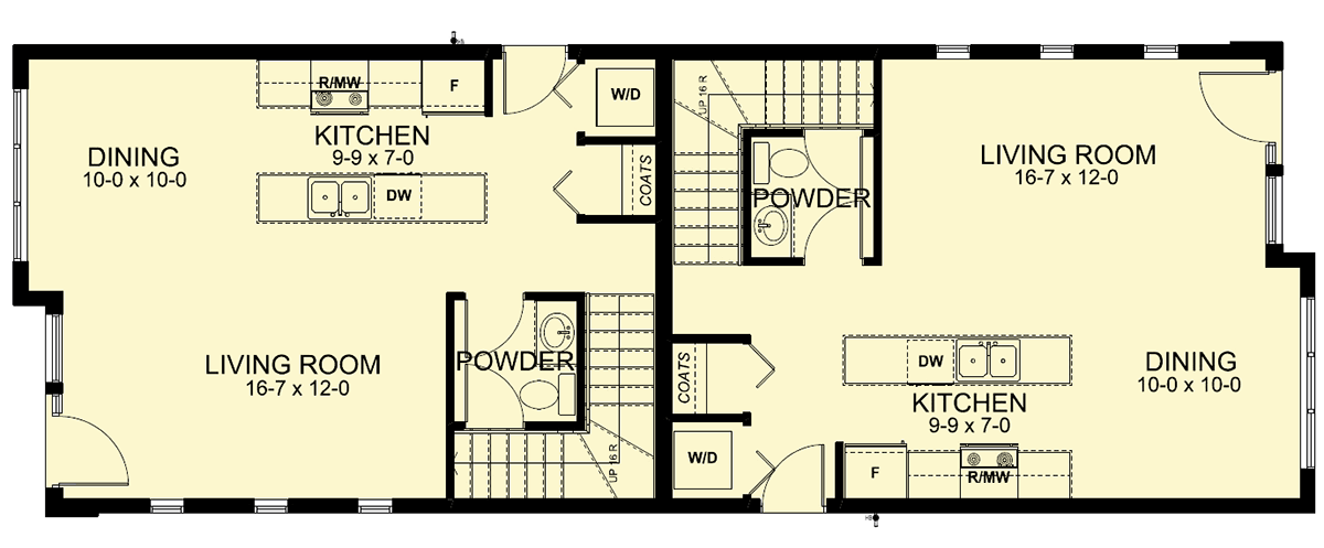 Plan 67715MG: Modern Duplex House Plan with 3 Upper Level Bedrooms - 1106 Sq Ft Units Each - Floor Plan - Main Level - Contemporary, Modern, New American