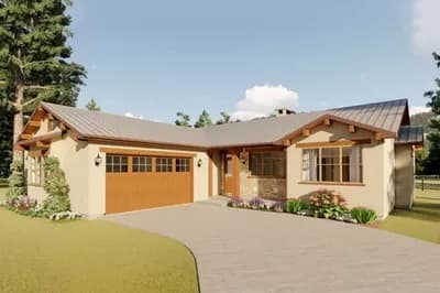 One Story Stucco-and-Stone House Plan with Vaulted Ceilings