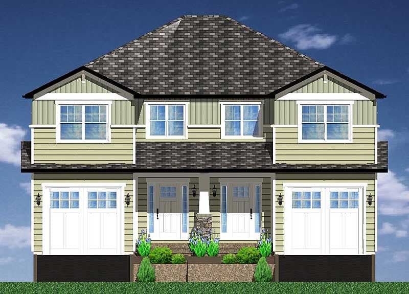 House plan exterior: two-story dwelling with two garages, two front entrances, multiple gables, and dormer windows.
