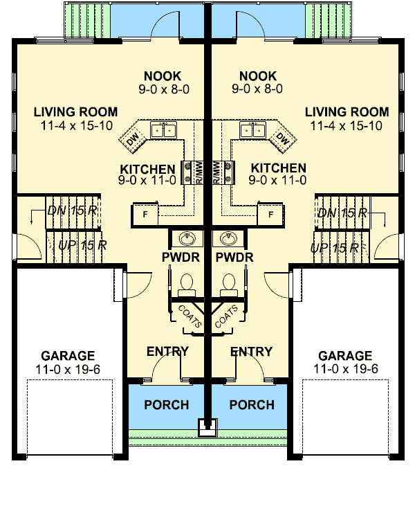 Plan 67717MG: Side-By-Side Craftsman Duplex House Plan - 1422 Sq Ft 3 Bed Units - Floor Plan - Main Level - Craftsman, Traditional