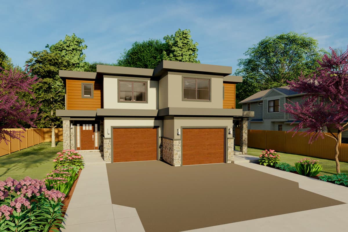 House plan exterior rendering of a two-story modern home with a dual garage, flat roof, and stone accents.