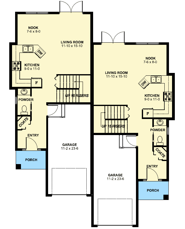 Plan 67718MG: Duplex House Plan For The Small Narrow Lot - 1421 Sq Ft 3 Bedroom Units - Floor Plan - Main Level - Contemporary, Northwest