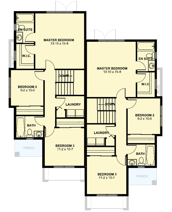 Plan 67719MG: Side-By-Side Craftsman Duplex House Plan with 3 Bed Units - 1421 Sq Ft Each - Floor Plan - 2nd Floor - Craftsman, Traditional