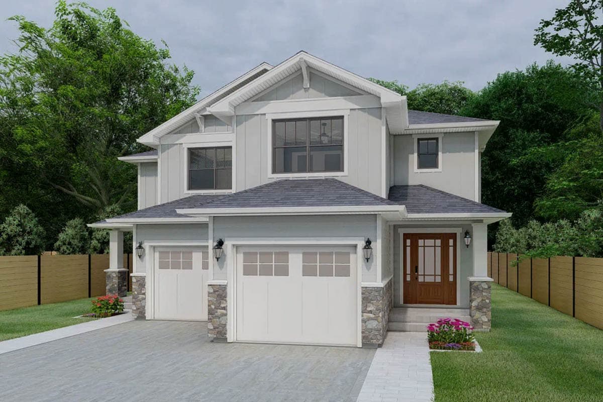 House plan exterior: Two-story Modern Farmhouse with a two-car garage, prominent gables, and a covered front entry with stone accents.