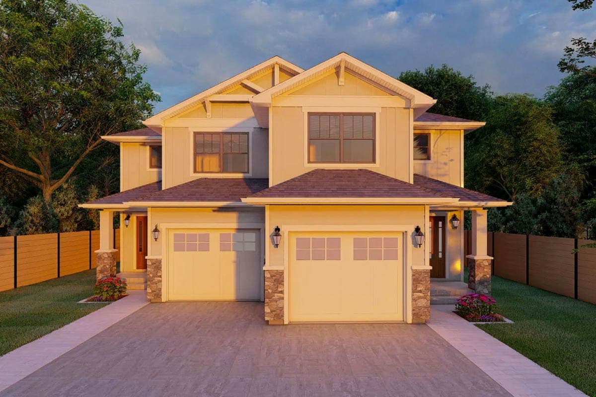 House plan exterior: two-story modern farmhouse with dual garages, gable dormers, stone column accents, and covered porches.