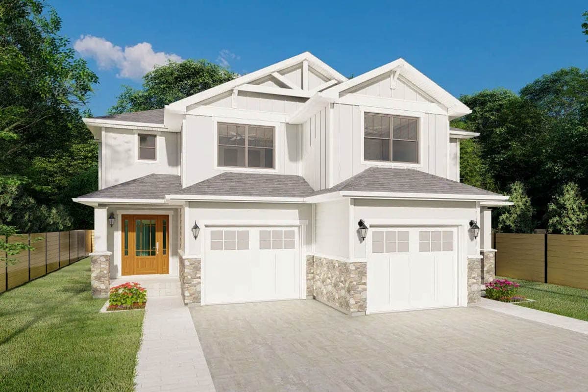 House plan exterior. Two-story Modern Farmhouse with gables, stone accents, and two-car garage. Features include porch and board-and-batten siding.