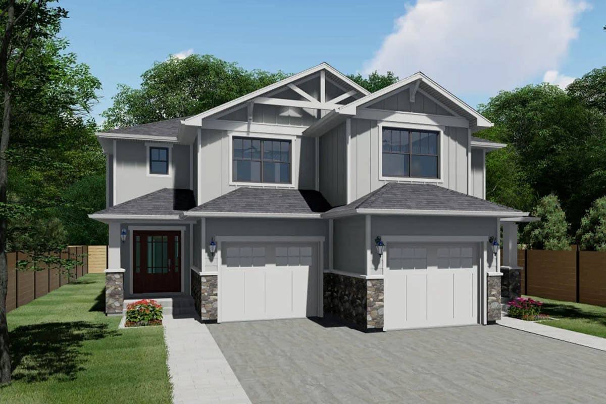House plan exterior: Modern style, two stories, dual garage, stone accents, gable rooflines, and prominent front door.
