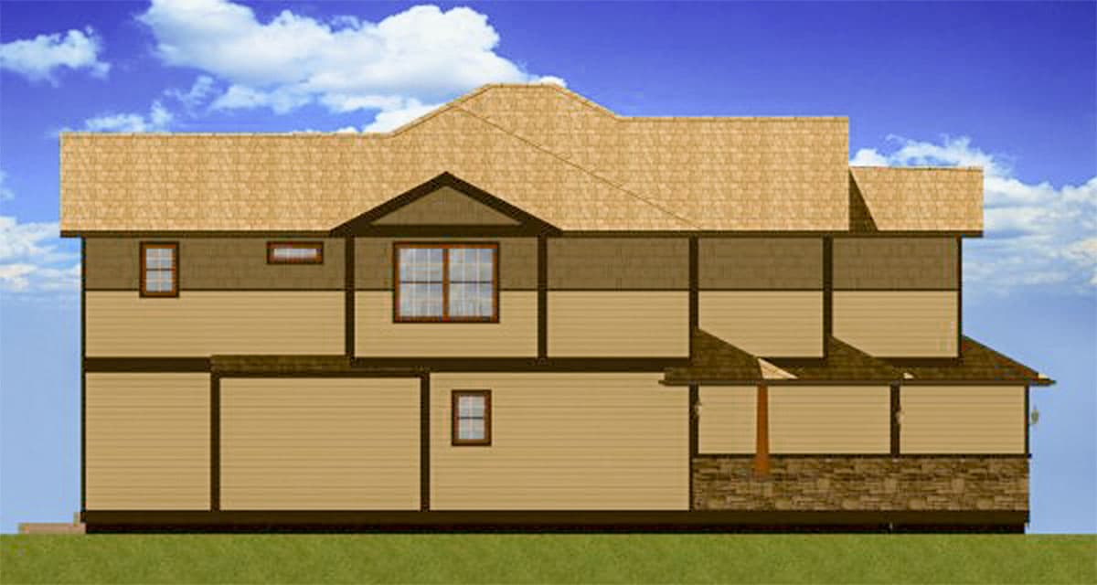House plan exterior: Two-story design with varied rooflines, gabled dormer, horizontal siding, and stone foundation.