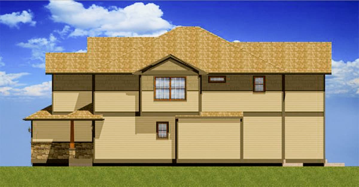 House plan exterior: two-story, hip roof with gables, covered porch with stone accents, and horizontal siding.