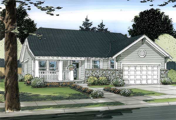 Craftsman house plan exterior: one story, front porch, stone base, gabled dormer, side-entry garage.