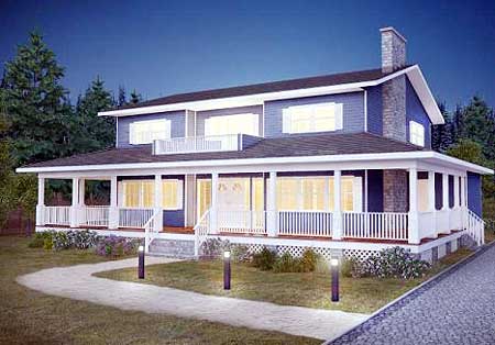 House plan exterior: Two-story blue house with wrap-around porch, gables, dormers, and prominent chimney.