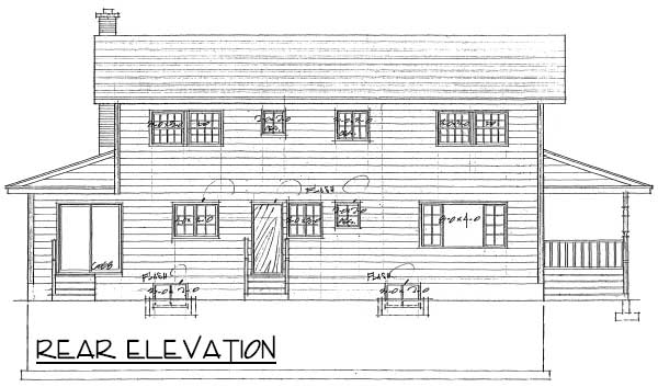 Rear elevation drawing of a two-story house with multiple windows, a central door, and covered porches on both sides.
