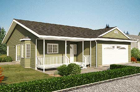 House plan exterior view of a one-story home with a wrap-around porch, gabled roof, and attached garage.