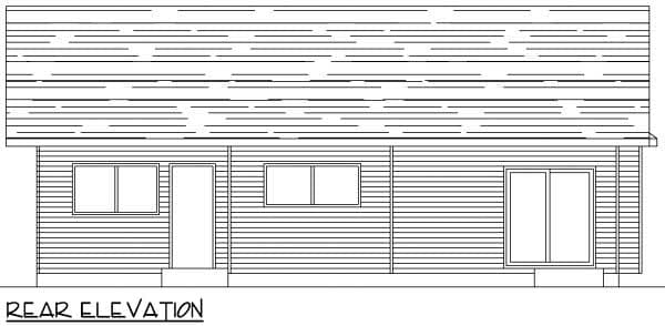 Rear elevation drawing of a house plan with a horizontal siding exterior, showing two windows, a door, and a sliding glass door.