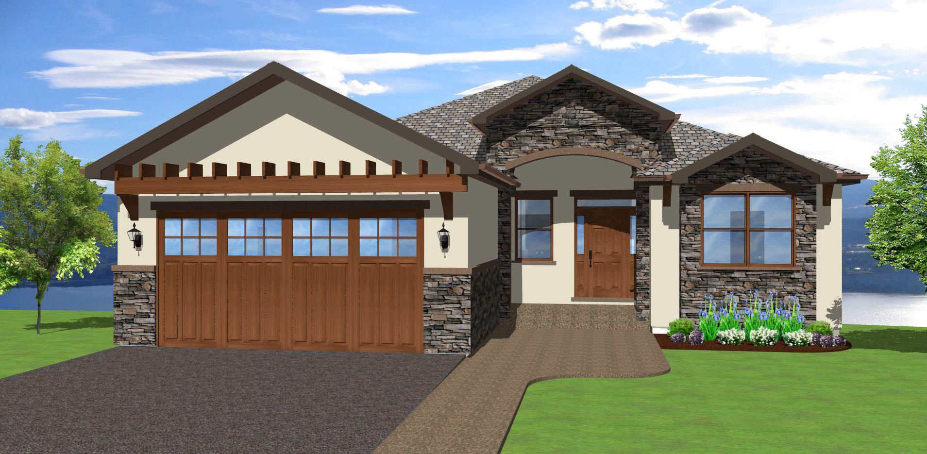 House plan exterior: Single-story, stone and stucco, with a two-car garage, covered entry, and gabled rooflines.