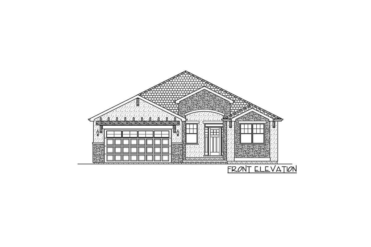 Front elevation drawing of a single-story house with a gable roof, stone accents, and a two-car garage.