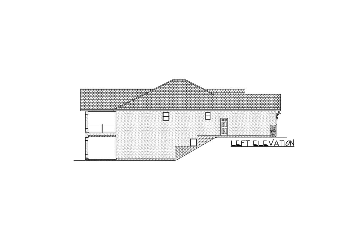 Left elevation house plan showing a two-story structure with a covered porch and gabled roofline.