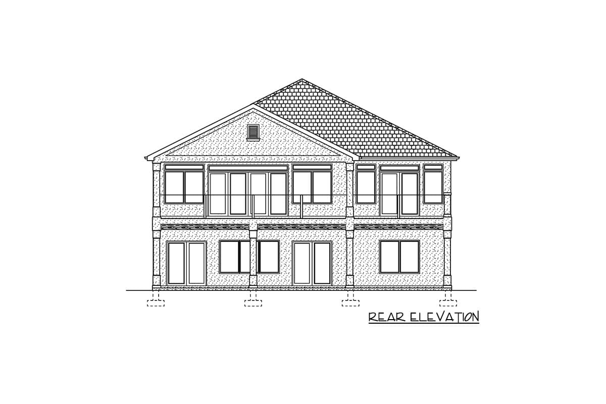 Rear elevation drawing of a two-story house plan featuring a prominent gable roof, upper-level windows and doors, and lower-level windows.