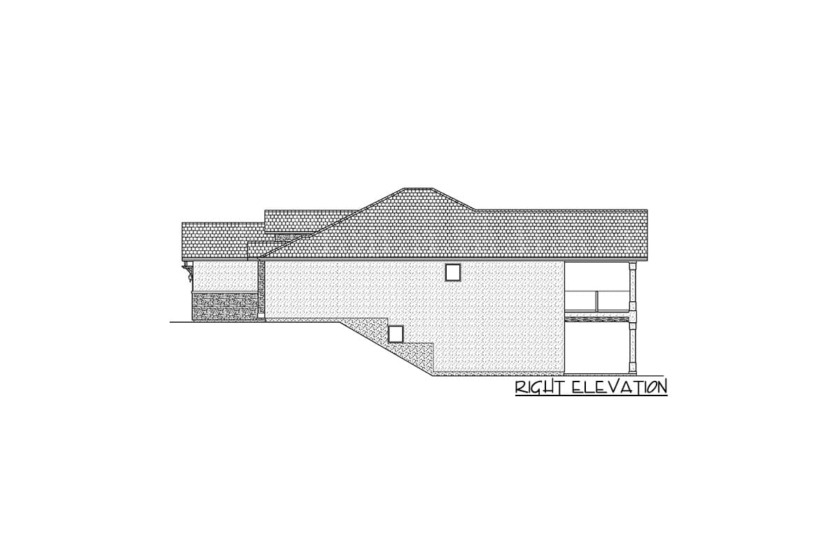Architectural drawing, right elevation of a house plan, showing varied rooflines and a tiered foundation.