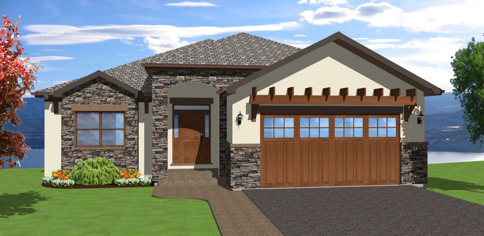 House plan exterior with stone accents, arched entry, and wood pergola over a double garage door.