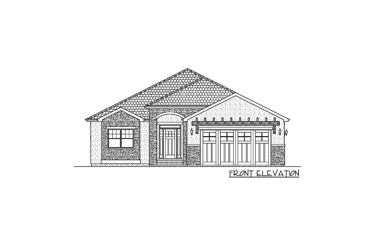 Front elevation drawing of a one-story house with a three-car garage, arched entryway, and stone accents.