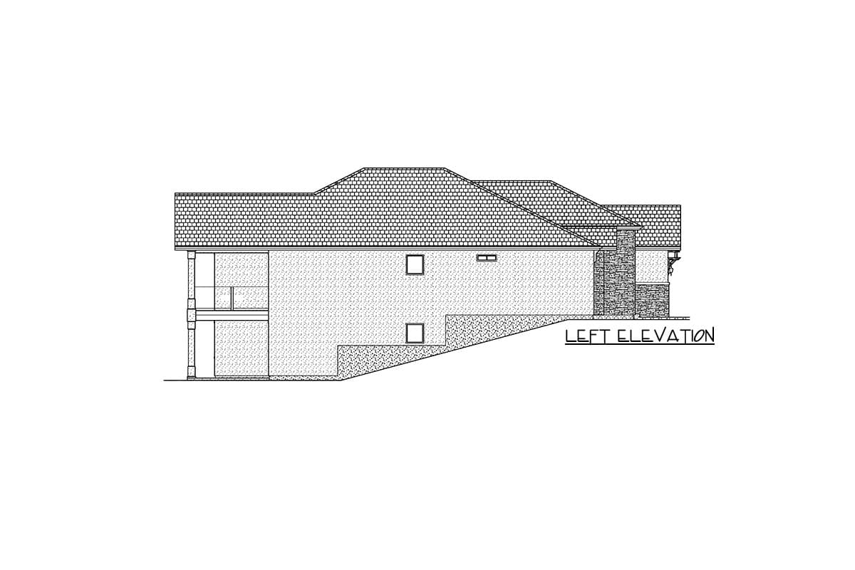 Left elevation drawing of a house plan showing a multi-level structure with a prominent roofline and stone accents.