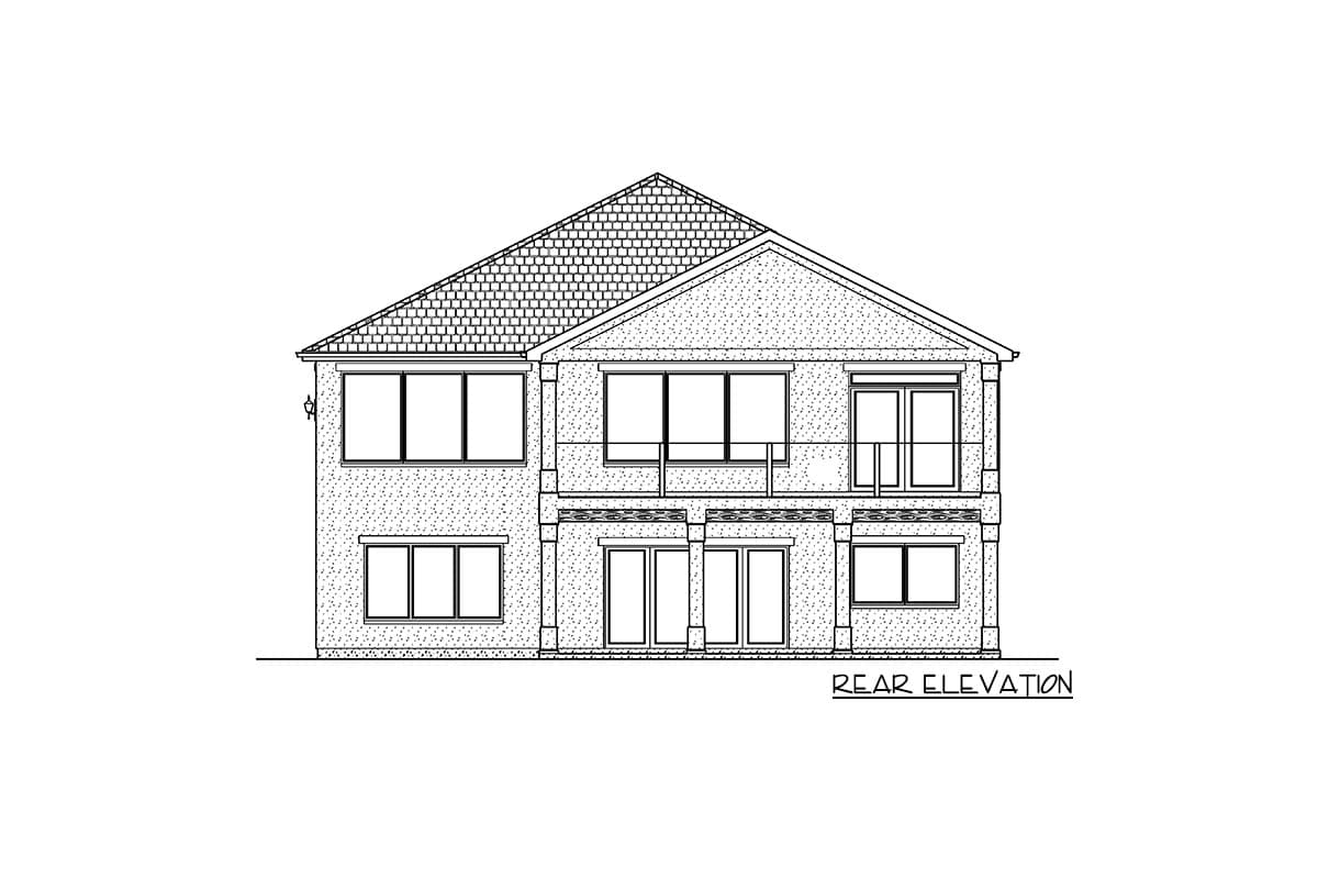 Rear elevation drawing of a two-story house plan with a gabled roof, multiple windows, and a balcony.