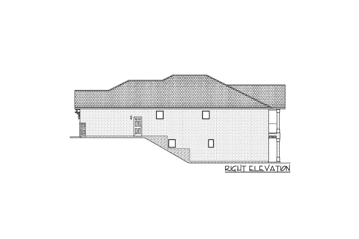 Right elevation drawing of a house plan showing a shingled roof, multiple windows, and a door with a textured facade.