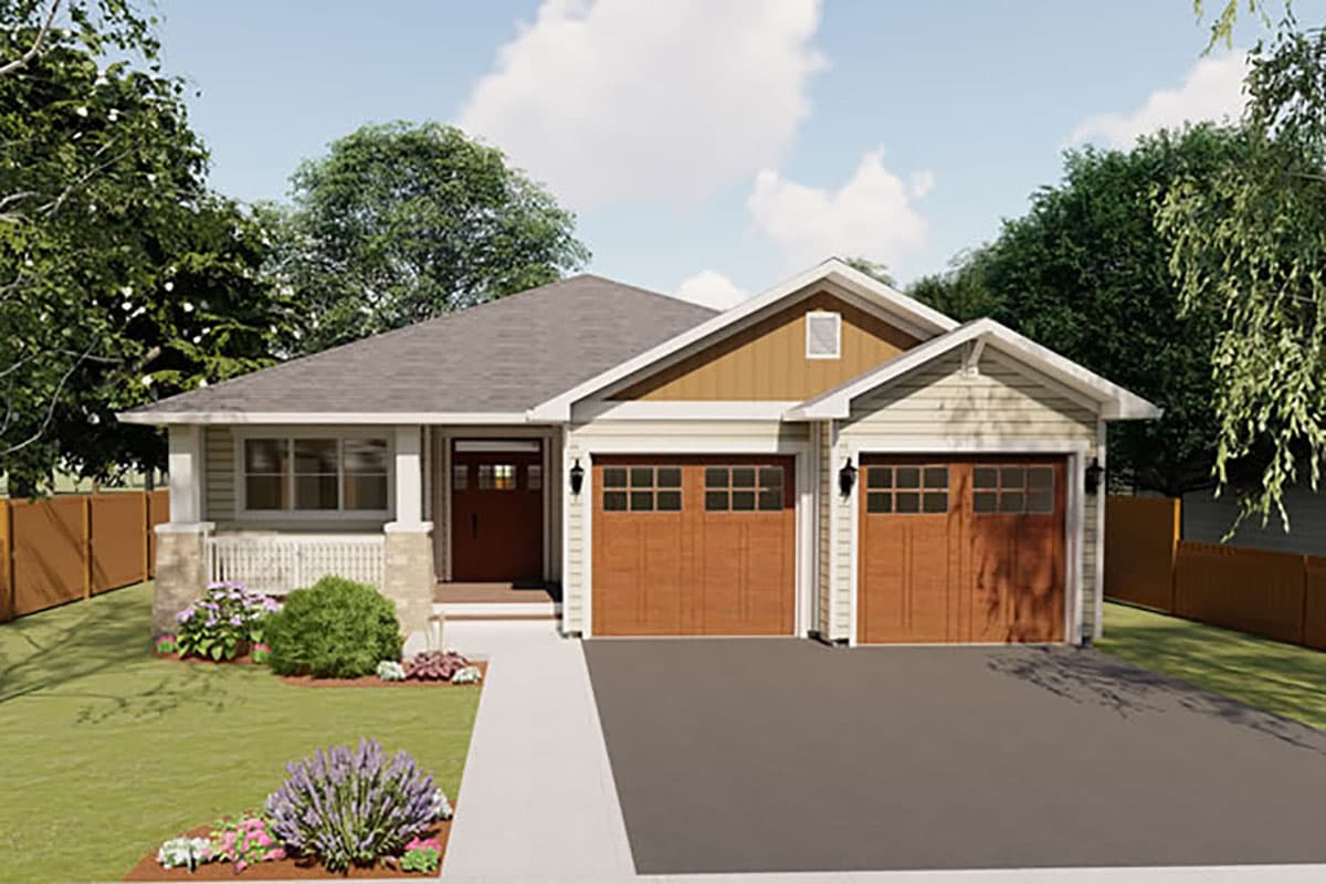 House plan exterior. Craftsman style, one-story home with a gabled roof and a front-facing, two-car garage. Features a covered porch.