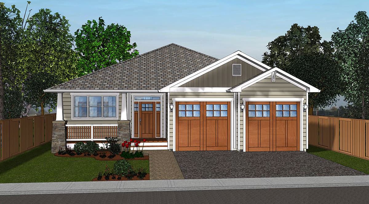 House plan exterior: One-story Modern Farmhouse with a prominent gable, double garage doors with glass panes, and a covered entry.