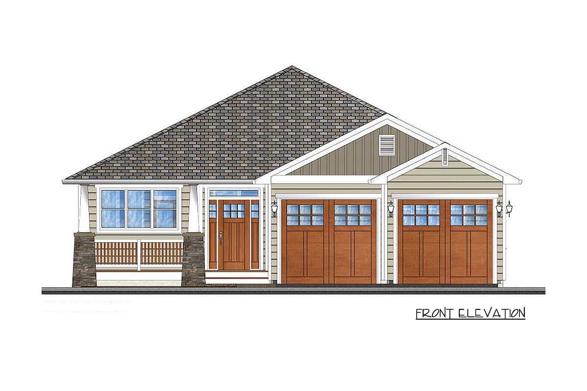 Front elevation house plan with pitched roof, front door, and two double garages. Features stone base, multiple windows.
