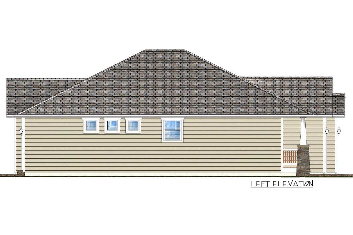 Left elevation of a house plan featuring a hipped roof, horizontal siding, multiple windows, and a covered porch with stone-clad columns.