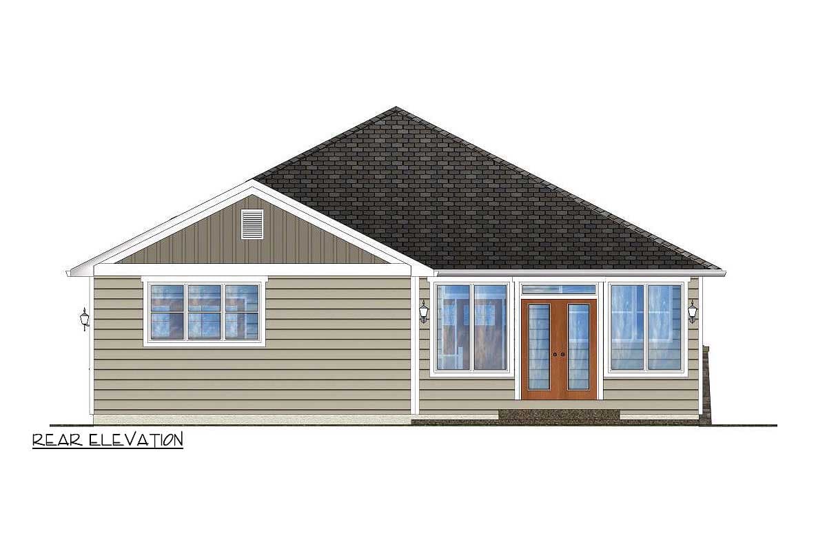 Rear elevation house plan with siding, gabled roof, double front doors, and multiple windows.