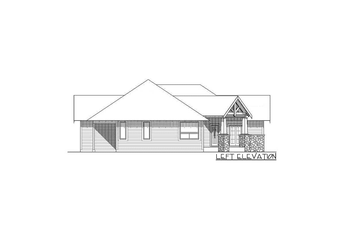 Left elevation house plan: single-story with covered entry, stone-clad porch supports, and gabled roof detail.