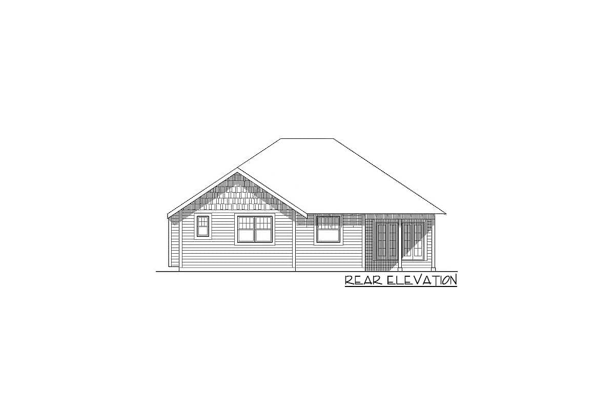 Rear elevation house plan showing a single-story home with a prominent gable, horizontal siding, and multiple windows.