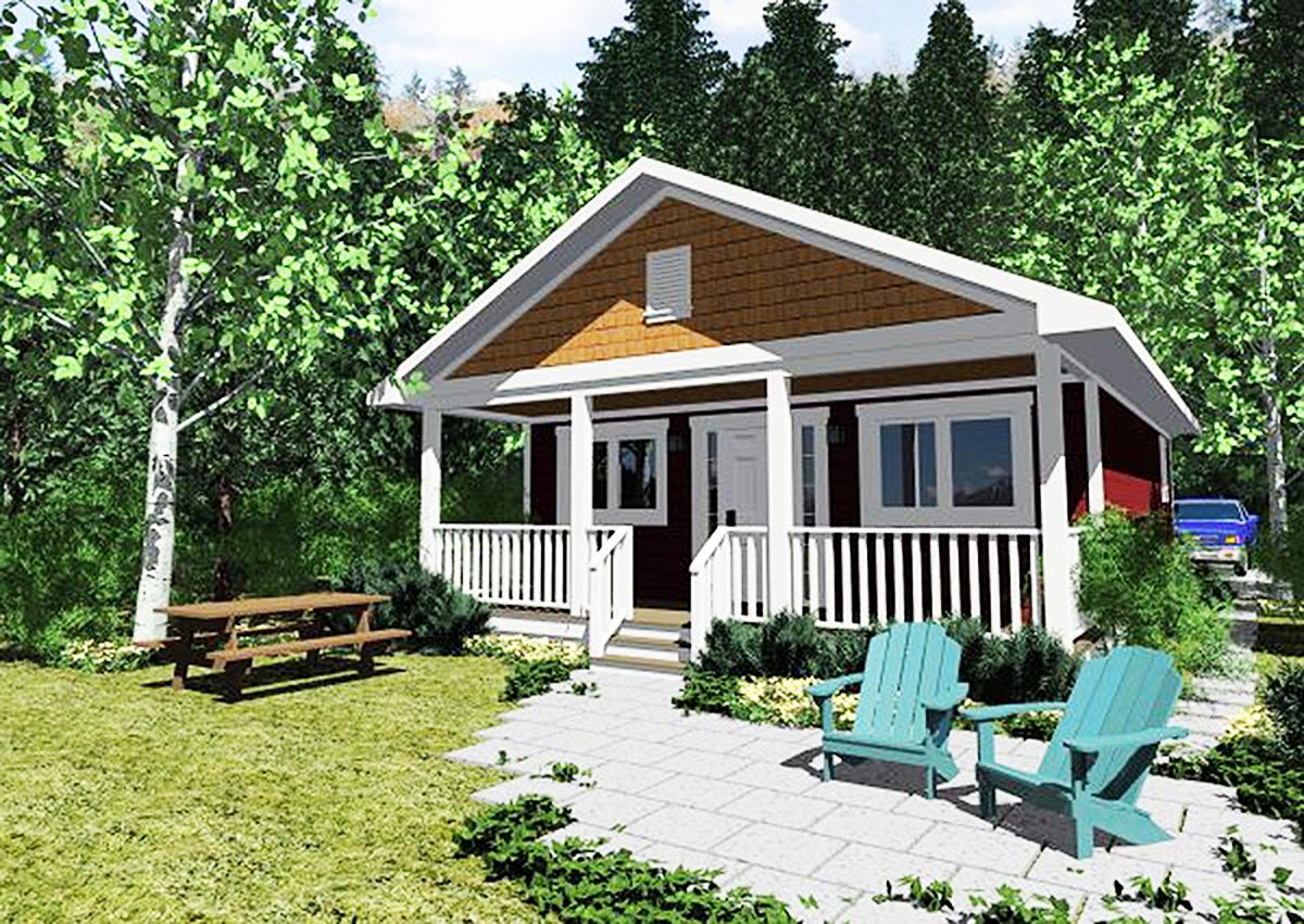 House plan exterior: One-story cottage with front porch, white railings, gable roof, and brown shingle siding.