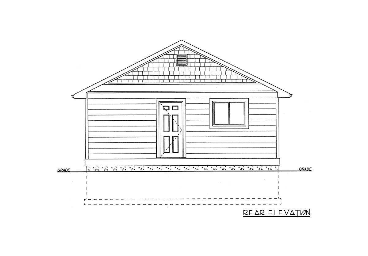 Rear elevation drawing of a single-story house plan with horizontal siding, a gabled roof with shingles, one door, and one window.