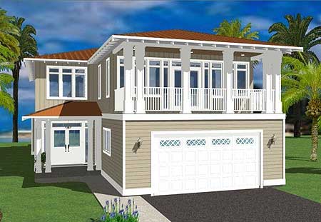 House plan exterior with a raised main level featuring a covered porch, balconies, and a two-car garage.