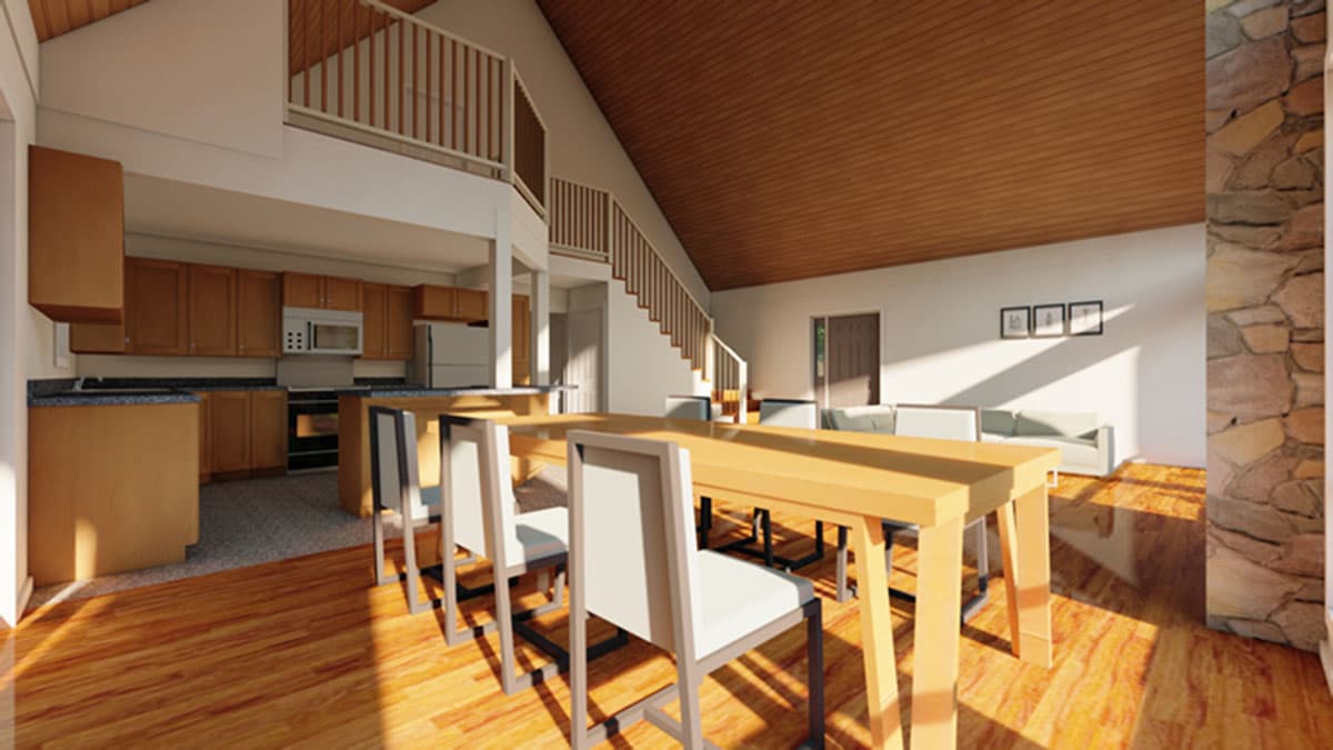 Open-concept living space with kitchen, dining area, and seating area, featuring a stone accent wall and vaulted wood ceiling.