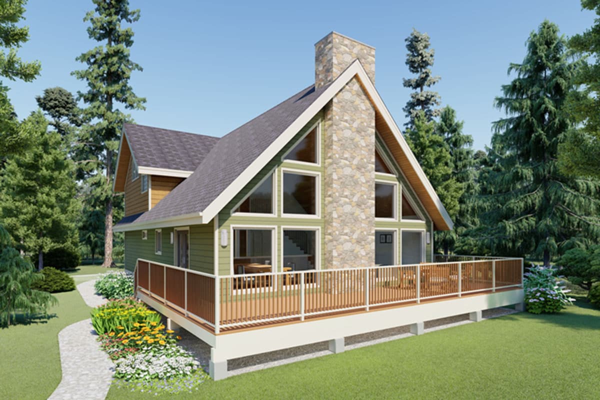 House plan exterior featuring a two-story A-frame style with a prominent stone chimney, large windows, and a wrap-around deck.