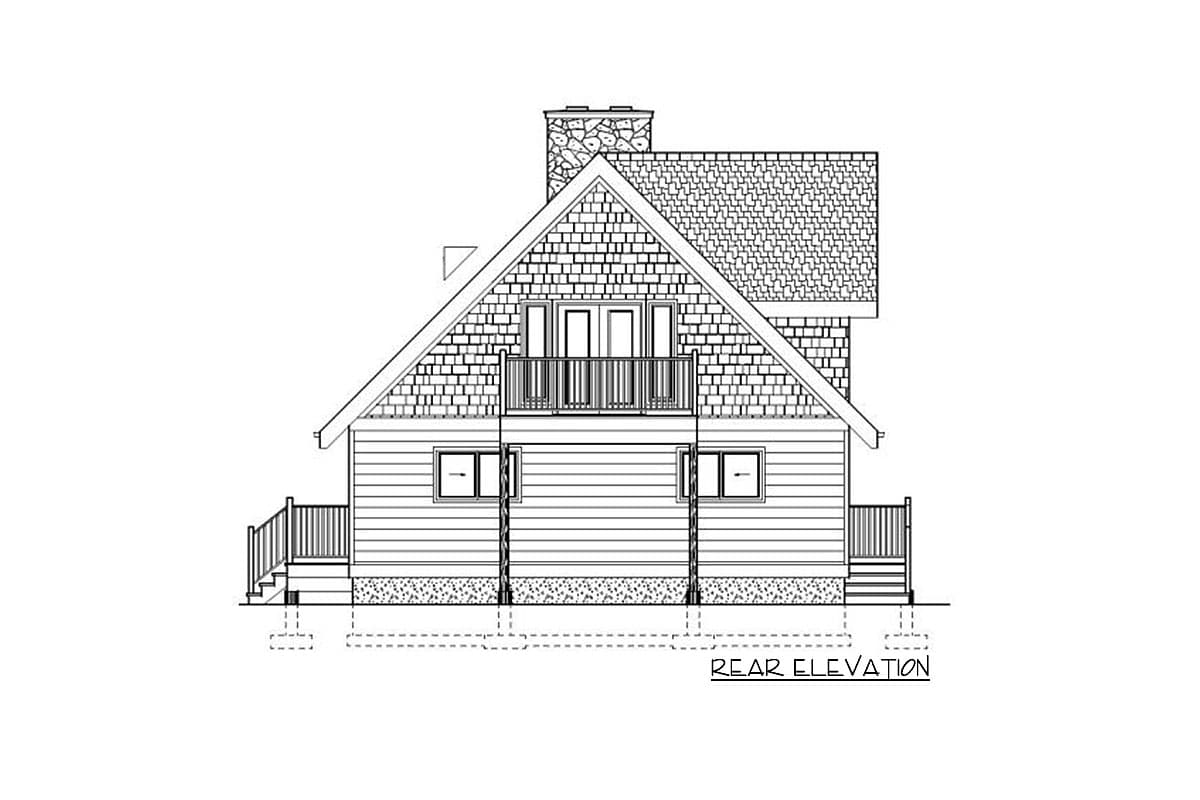 Rear elevation of a two-story house plan featuring a prominent gable, stone chimney, and upper-level balcony.