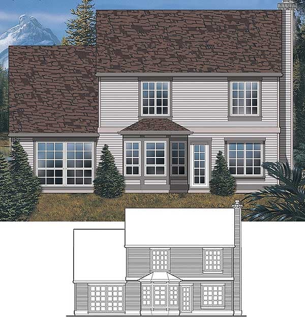 Two-story house plan exterior with bay windows, gabled dormer, and white horizontal siding.