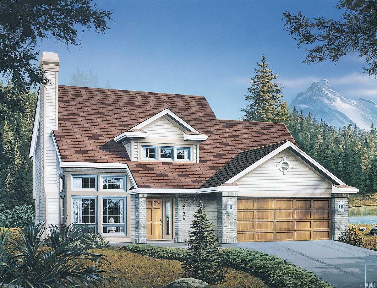 House plan exterior: Two-story home with a prominent chimney, multi-pane bay window, gabled dormer, and a two-car garage.