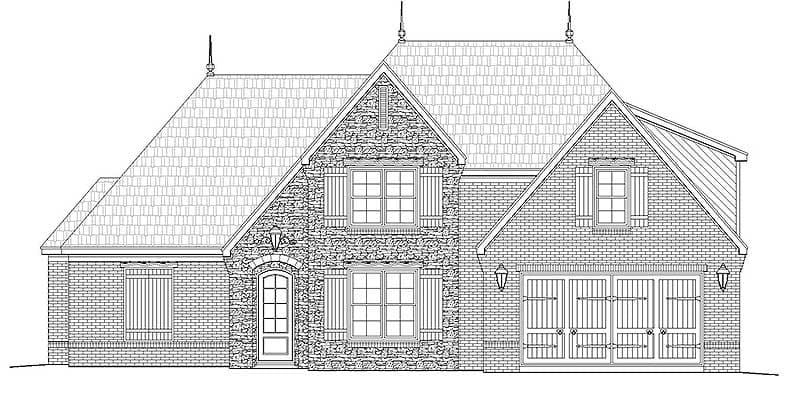 House plan exterior elevation of a two-story home with a mix of brick and stone, prominent gables, dormer windows, and a three-car garage.
