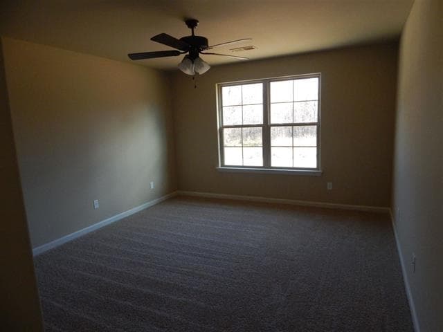 Interior view of an empty room with carpet, a ceiling fan, and a large window with multiple panes.