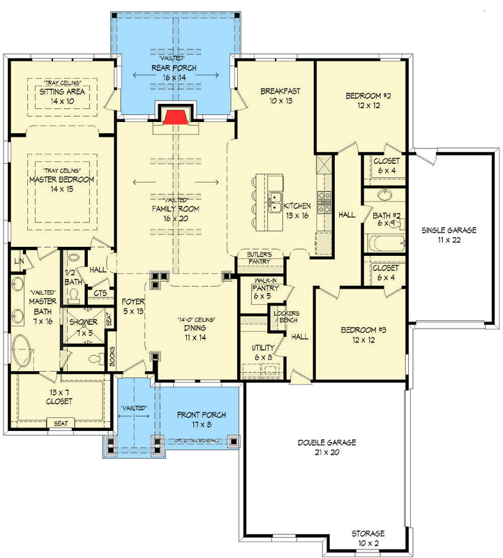 Plan 68404VR: Craftsman House Plan with Vaulted Family Room - Floor Plan - Main Level - Craftsman, Northwest, Ranch