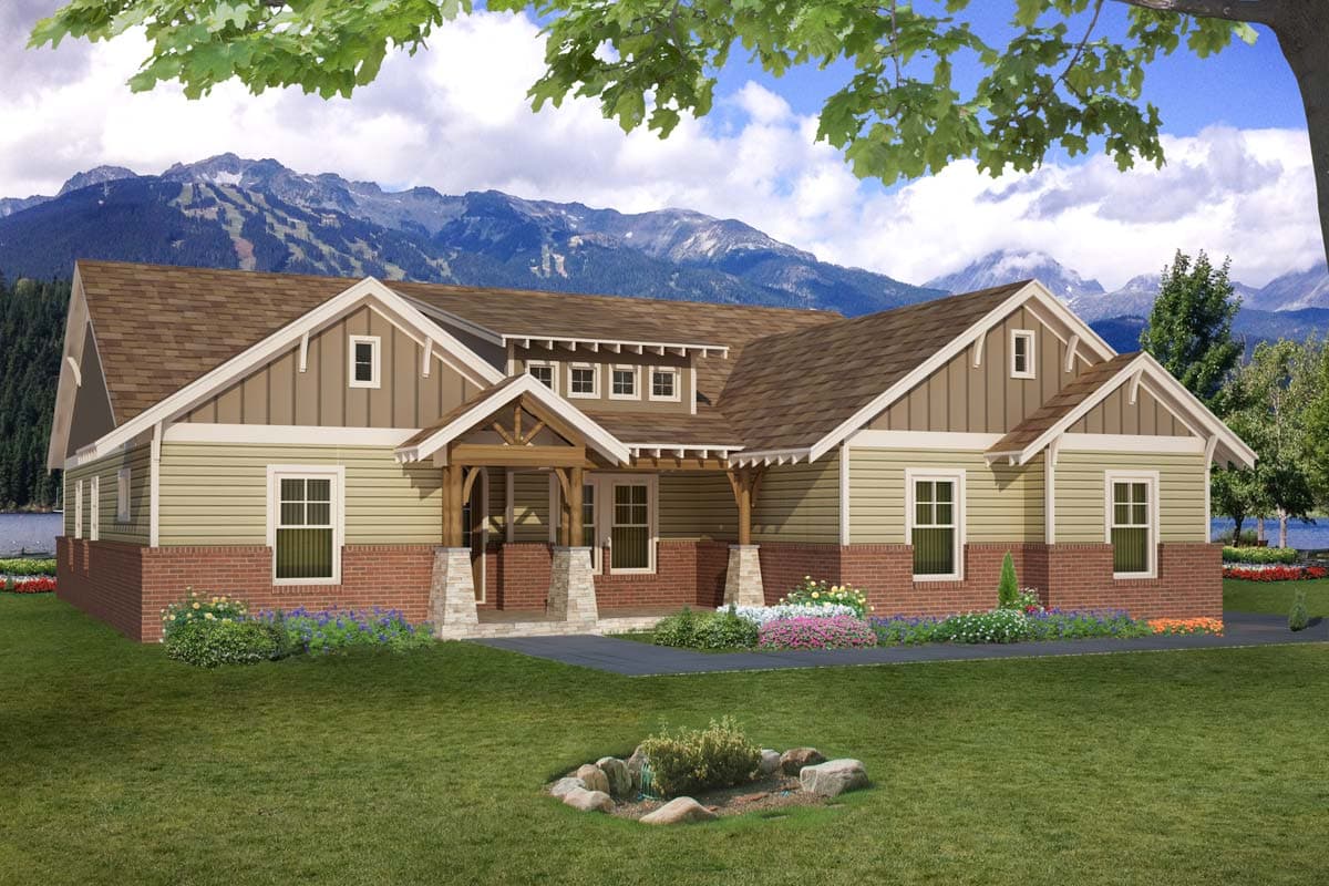 Craftsman style house plan exterior with stone base, wide gables, dormers, and covered entry with wood beams.