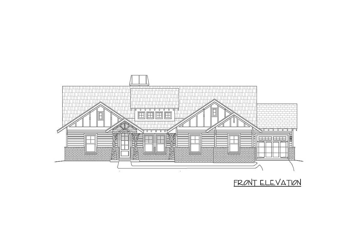 Front elevation drawing of a one-story house with a covered porch, gables, dormers, and a detached garage.