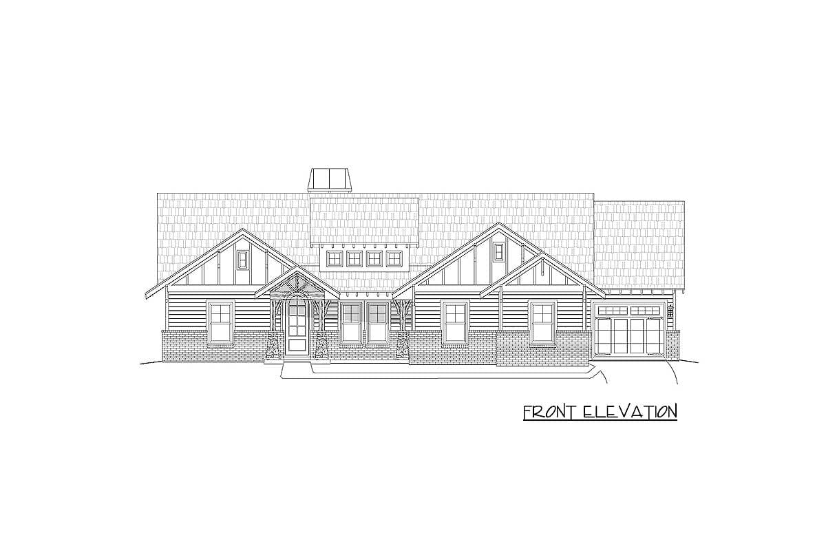 Front elevation drawing of a one-story house plan with prominent gables, covered entry, and attached garage.